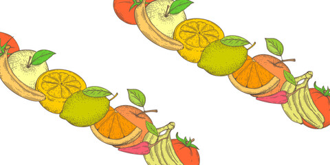 Multi-colored bright vegetables and fruits. Drawing Apple, lemon, banana, pepper Vector illustration. Vegan food.