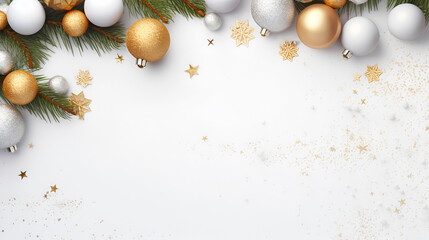 Christmas frame with Christmas tree branches, gold stars and silver baubles on a light white background. Flat lay, top view, copy space. Christmas banner mockup.