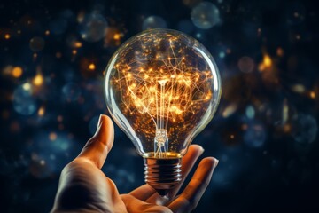 Creative idea generation with electric bulb in hand and innovative infographics background