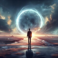 Surreal landscape of a man standing in front of a portal to another dimension. generative ai