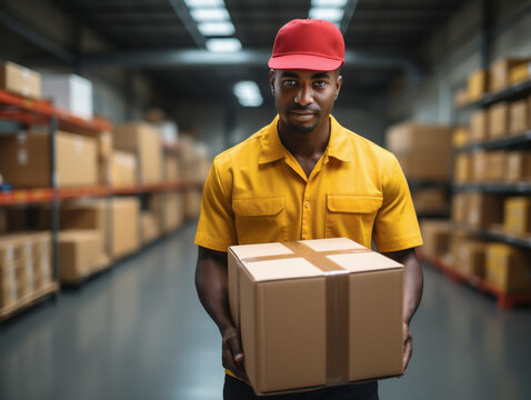 Postman parcel delivery man sorts packages in a warehouse, AI generated