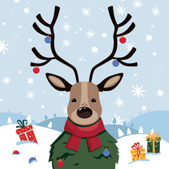 Obraz na płótnie Canvas Christmas vector illustration. Cute deer wearing a scarf staying on snow mountains in the winter with gifts
