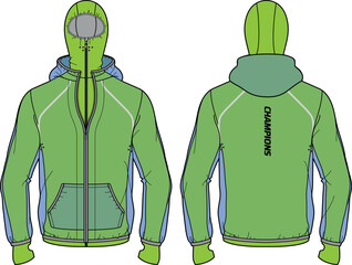 Tech shell runner Hoodie jacket with windcheater design flat sketch Illustration, Compression Hooded jacket with front and back view, Thermal winter jacket for Men and women for Running and workout - obrazy, fototapety, plakaty