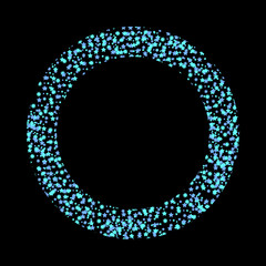 Shiny circle with cyan blue turquoise stars and confetti. Random little sparkling, glitter elements in circle frame isolated on black background. New Year or Christmas vector design pattern. - obrazy, fototapety, plakaty
