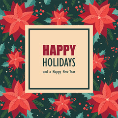 Fototapeta na wymiar happy holidays greeting card with holly and christmas star flowers vector illustration