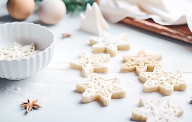 Fototapeta na wymiar christmas cookie cutters and gingerbread dough cooking on white wooden plate on white wooden table soft light