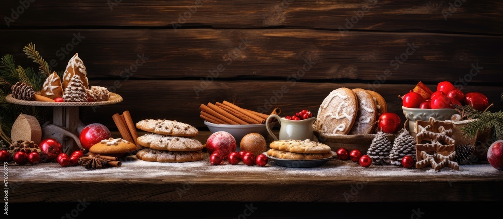 Wall mural During Christmas the cozy atmosphere is enhanced by the warm winter textures of gingerbread apple and pear patterns adorning the wooden decorations creating a delightful mix of sweets and ho