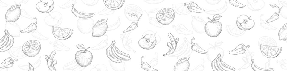 Background of drawn fruits and vegetables. Apple, lemon, banana, pepper. Vegan food. Vector illustration.