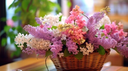 Beautiful lilac bouquet in flower shop. Blurred background. Mother's day concept with a space for a text. Valentine day concept with a copy space.