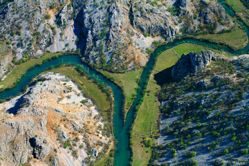 Aerial view of the confluence of  of the Krupa and Zrmanja Rivers and their canyons, Croatia