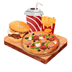 PNG hand draw of fast food set and drinks in watercolor style , dessert set and coffee in wood plate 