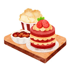 PNG hand draw of fast food set and drinks in watercolor style , dessert set and coffee in wood plate 