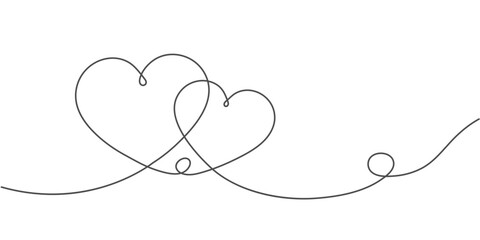 Two love hearts. One line drawing. Valentine's Day. Vector illustration.