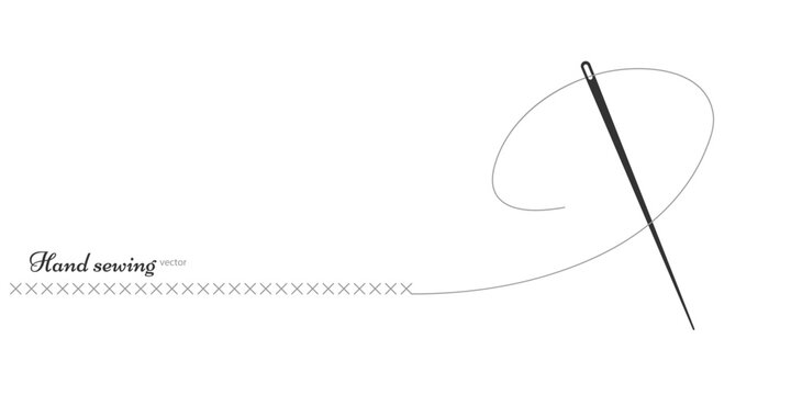 Drawing of a needle and thread. Embroidery and needlework. Line art drawing. Vector illustration.