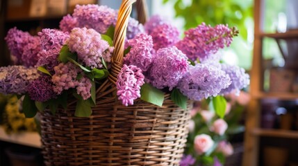 Beautiful lilac bouquet in flower shop. Blurred background. Mother's day concept with a space for a text. Valentine day concept with a copy space.