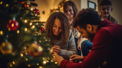 Obraz na płótnie Canvas Three friends joyfully decorate a glowing Christmas tree, sharing a warm and intimate moment of togetherness during the holiday season.