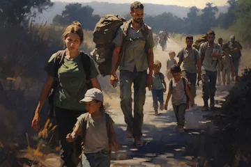 Fotobehang Painting style of war refugees march leaving their homeland. © Sekan