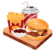 PNG hand draw of fast food set and drinks in watercolor style , dessert set and coffee in wood plate 