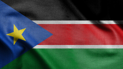 3d illustration flag of South Sudan. Close up waving flag of South Sudan. © TonAor