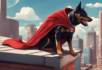 A superhero dog wearing a red cape and sitting on the roof defending the city. Comic book illustration - obrazy, fototapety, plakaty