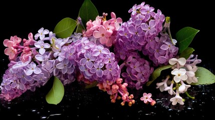 Beautiful lilac flowers on a black background. Spring flowers. Mother's day concept with a space for a text. Valentine day concept with a copy space.