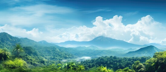 Fototapeta premium In the background of the vibrant blue sky I embarked on a magical travel journey surrounded by breathtaking nature towering trees and mesmerizing landscapes of lush forests Fluffy white clou