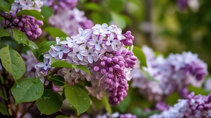 Beautiful lilac flowers blooming in the garden. Spring landscape. Mother's day concept with a space for a text. Valentine day concept with a copy space.