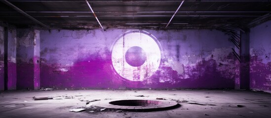 In the abandoned room the huge distressed ceiling displayed a powerful graphic of a purple circle centered on a horizontal column with peeling paint revealing selective color - obrazy, fototapety, plakaty