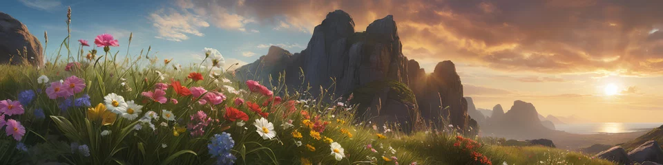 Papier Peint photo Cappuccino Beautiful flower landscape on a meadow. A vibrant and picturesque scene capturing the natural beauty of blooming flowers in a meadow, Generative AI.
