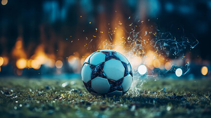 Soccer ball on green field with smoke and lights. Mixed media. Soccer ball in the goal at night. 3D rendering. 
