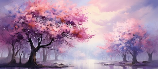 In an abstract background textured with the essence of summer the beauty of nature reveals itself through a vibrant tree in full bloom during the enchanting season of spring surrounded by lu - obrazy, fototapety, plakaty