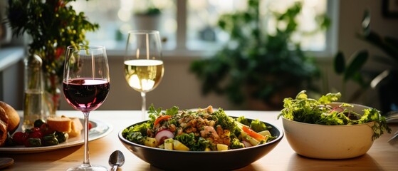 Festive food and wine on a luxurious covered table