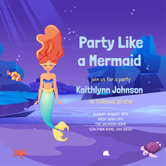 Birthday party invitation card template with cute little mermaid, marine life cartoon character