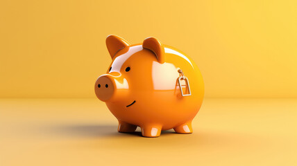 A cheerful orange piggy bank with a coin slot and keychain on a matching yellow background.
