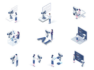 Vector isometric illustration set of Artificial intelligence AI robot with people