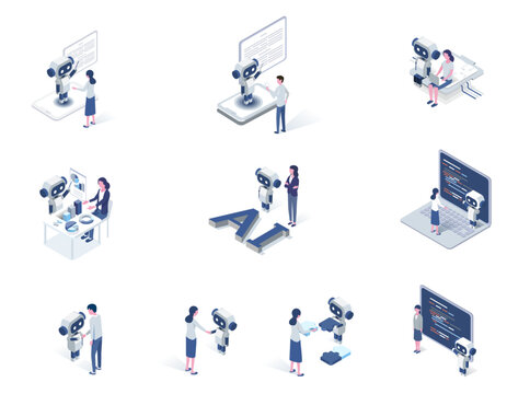 Vector isometric illustration set of Artificial intelligence AI robot with people