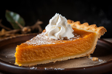 Close-Up of a Delectable Pumpkin Pie Slice on Dark Plate