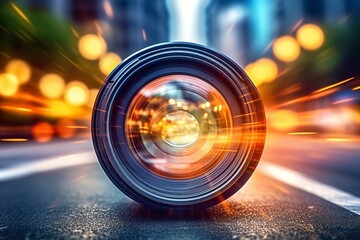 A photography lens on the asphalt of a city, to create panning effects. - obrazy, fototapety, plakaty