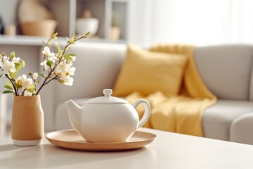 Fototapeta na wymiar A simple white teapot on a white coffee table in a bright and comfortable living room.