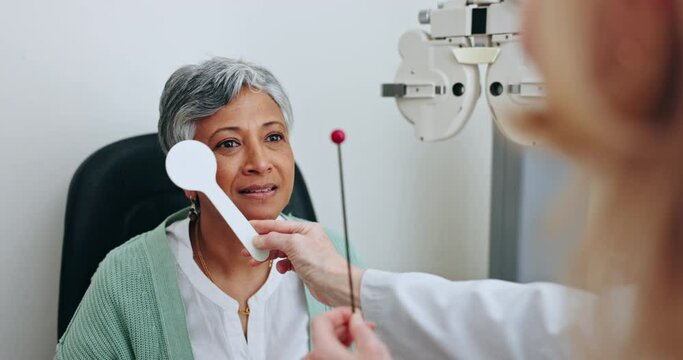 Eye exam, patient or optometrist woman cover vision for optical service, ocular support and test retinal focus on pin. Oculist clinic, optometry equipment or expert check mature client for strabismus