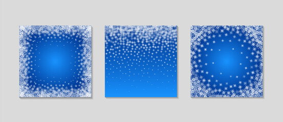 Fototapeta na wymiar Snow frame set on blue background. Winter decoration text template. Blue background with snowflakes.