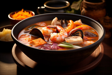 Spicy and Aromatic Tom Yam in Dark Bowl