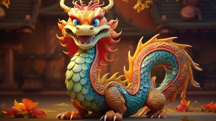 Obraz na płótnie Canvas Beautiful colorful Chinese dragon. Symbol of 2024 new year by china lunisolar calendar. Asian mythology creature. East fantasy beast. Oriental exotic monster. Festive folk traditional legendary loong.