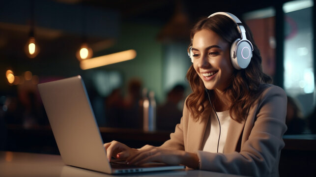 Young woman in headphones looks at laptop screen. Llive streaming, media format for real-time, unscripted interactions with audiences.