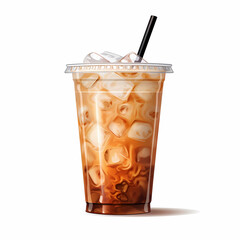 Iced coffee cups isolated on white background, top side view, view from above, delicious iced latte coffee drink in glasses with ice cubes, straw, cold beverage
