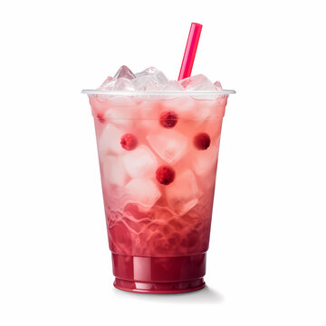 Watermelon boba drink or fruits bubble tea in disposable plastic take away cup. Refreshing cocktail on white background. Summer iced drink.