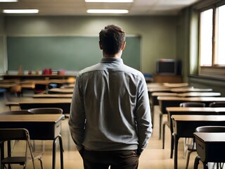 Teacher standing in front of empty school classroom