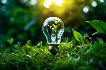 Foto op Canvas Light bulb with green plant, energy-saving and environmental illustration © Irina Bort