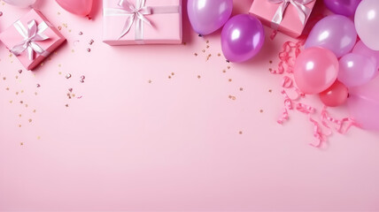Festive composition with pink balloons, gift boxes with bows, and confetti on a pink background.