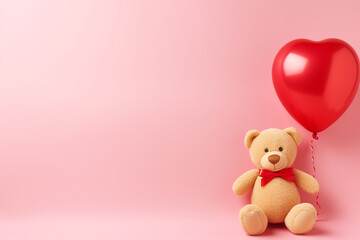 Cute teddy bears holding red heart ball on pink background - 676871765